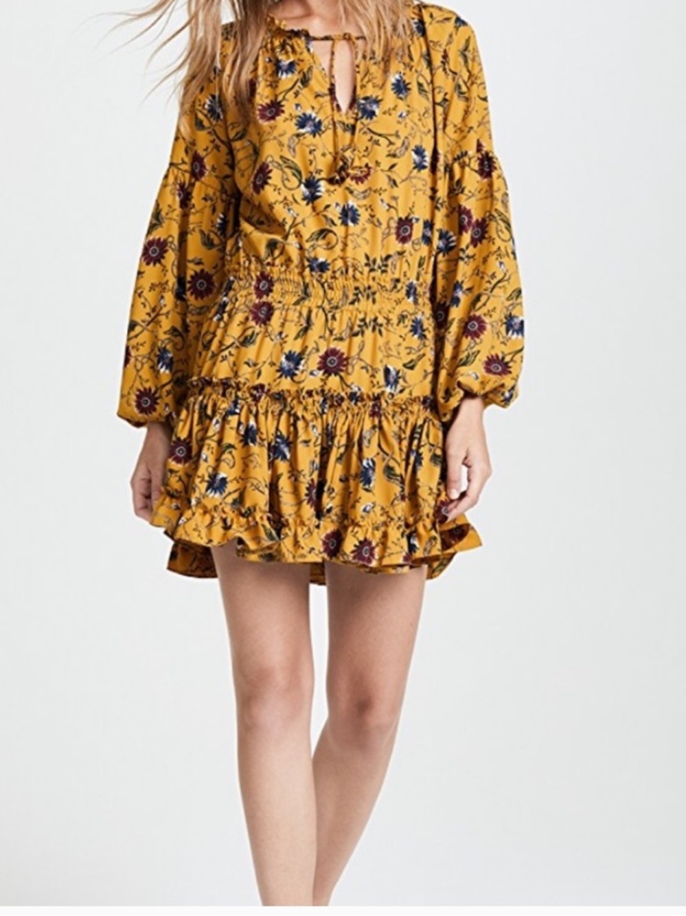 Misa Los Angeles Floral Ruffled Mini Dress - Mustard with Navy & Burgundy